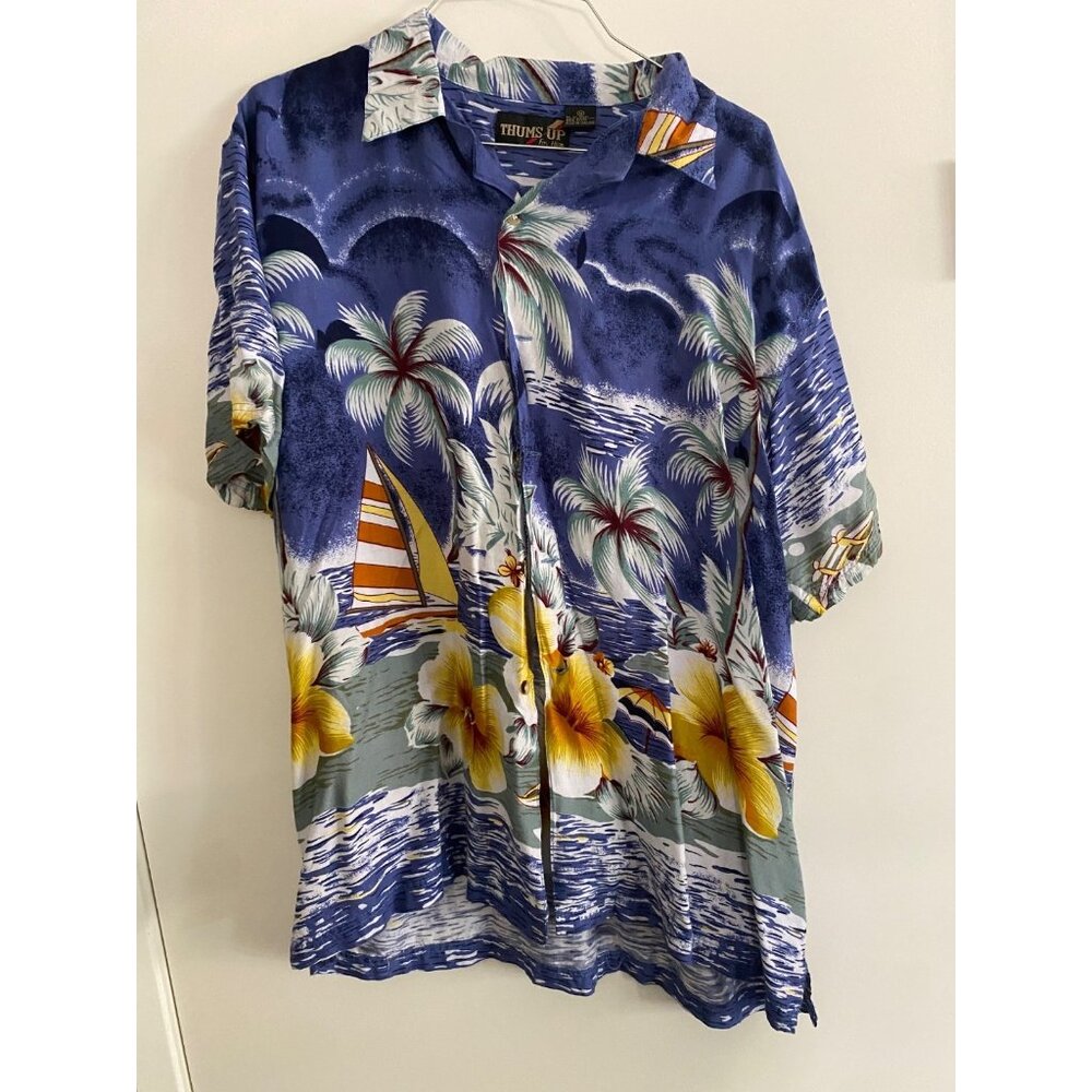 Vintage Thumbs Up 80s Hawaiian shirt Blue Palm Tress Floral Hibiscus Button-up M